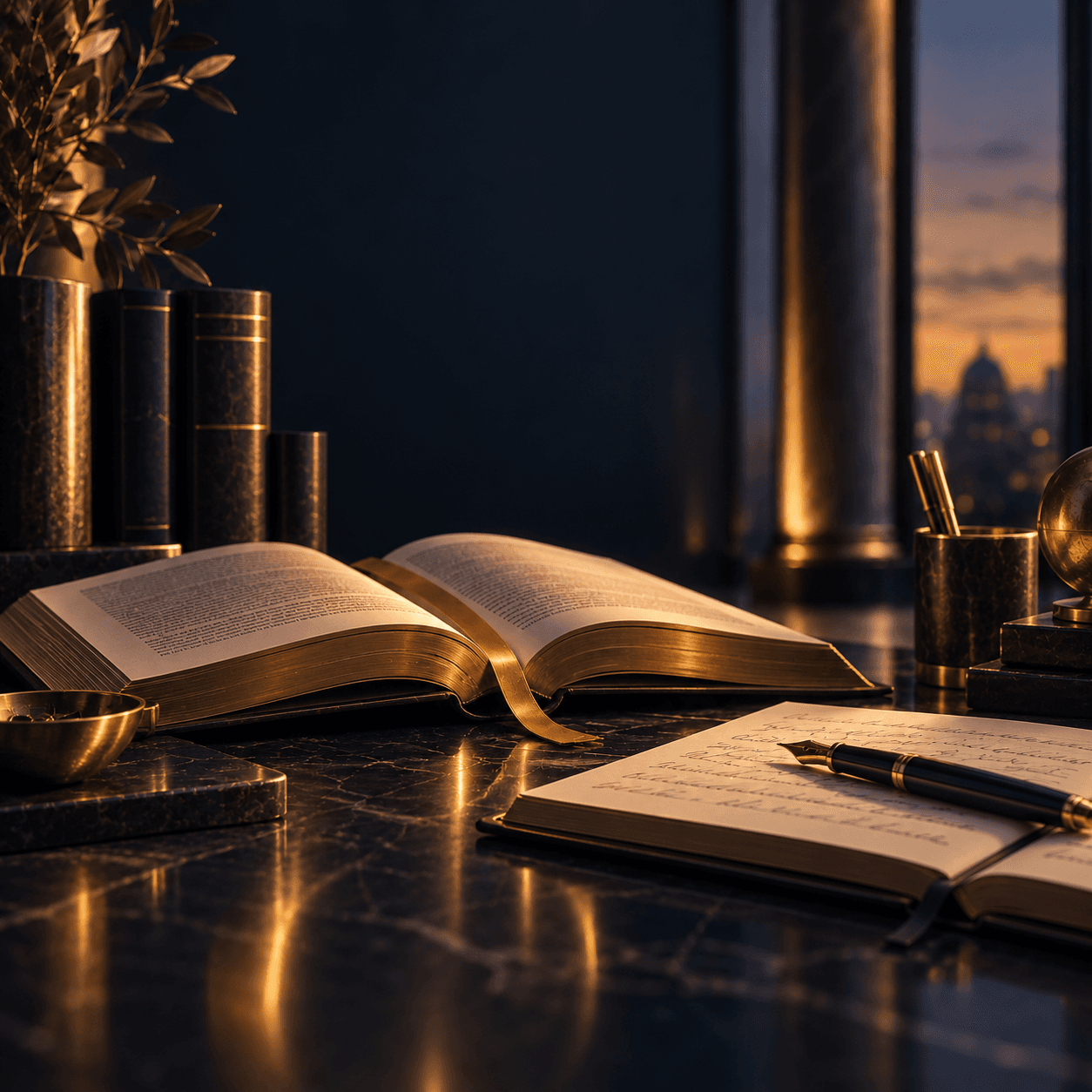 Livro aberto, caderno com anotações e caneta sobre a mesa de estudo.